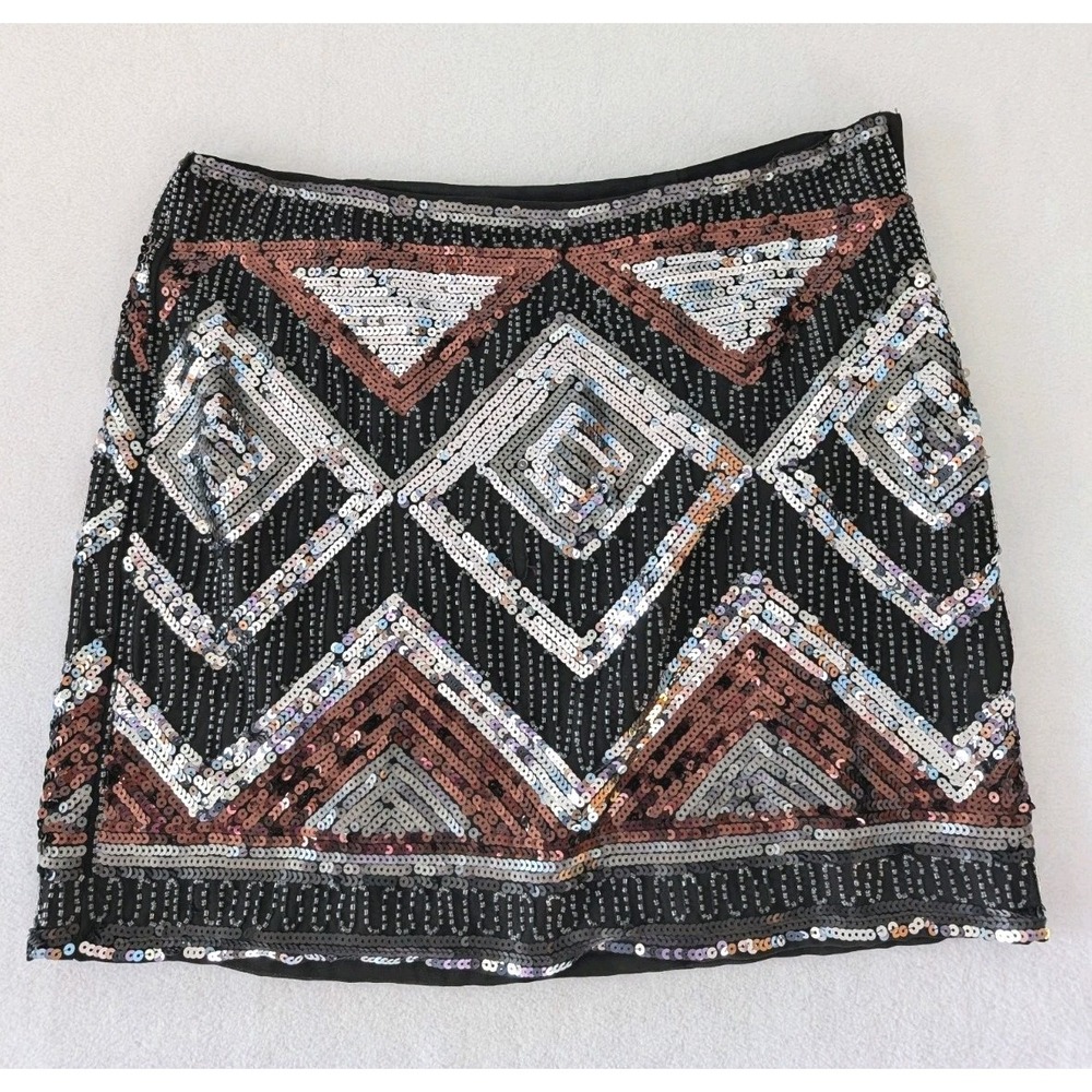 H&M Sequin & Beads Pencil Skirt Women's 10 Copper & Silver Side Zip Shimmer